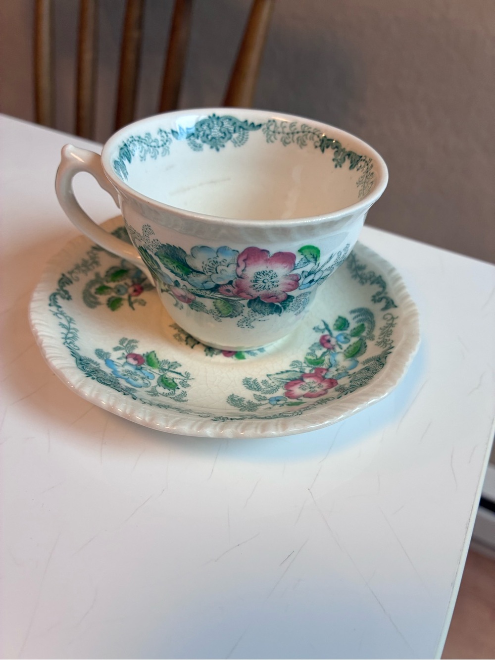 Apple Blossom Pink & Green Floral Teacup and Saucer